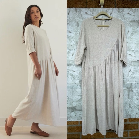 Solika TaliaXL Linen Blend Lagenlook Dress Asymmetric Art oatmeal color